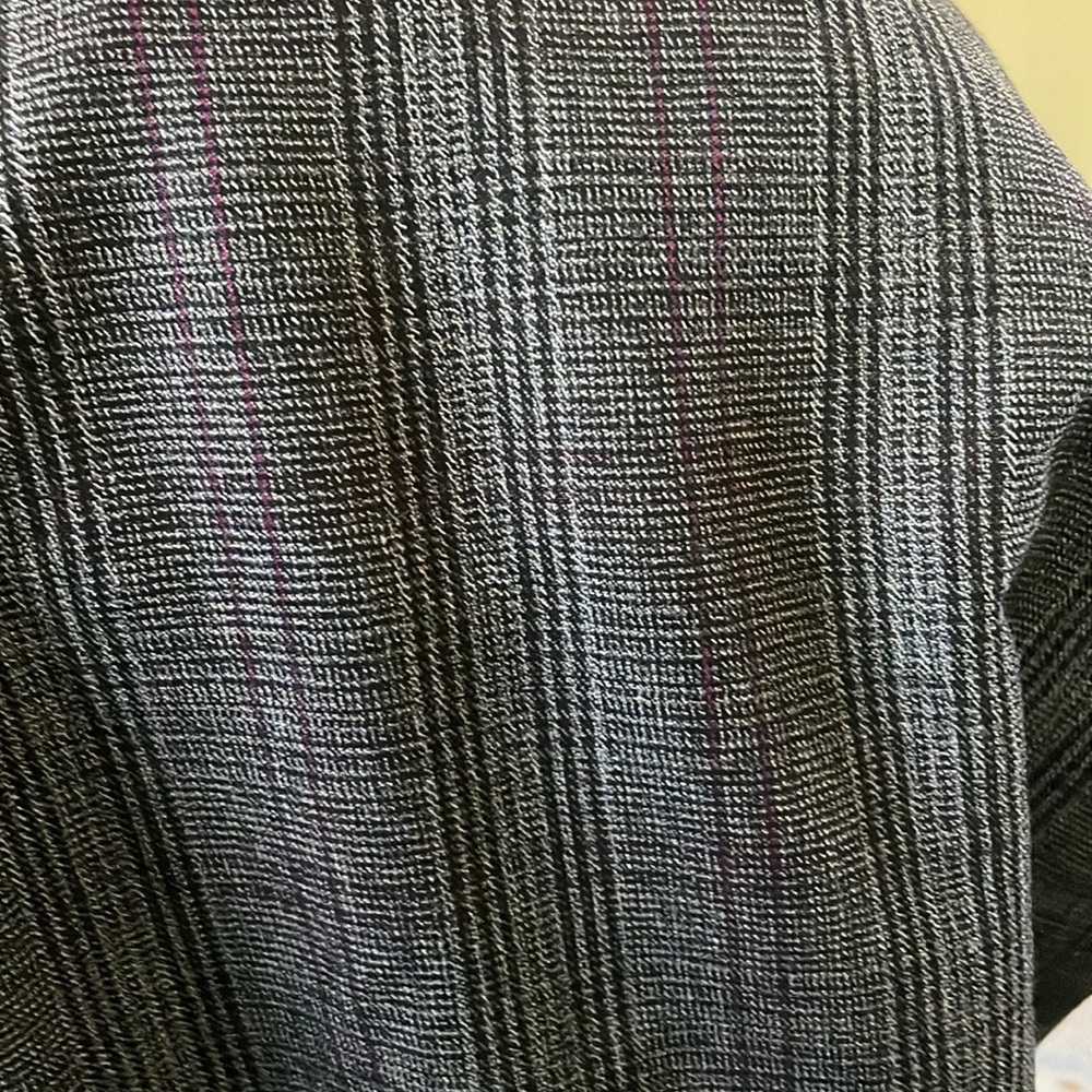 Grey pants with black and burgundy stripes